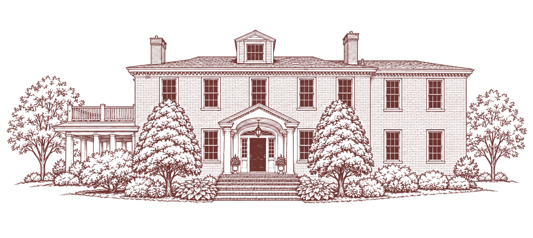 A delicate line drawing of Milliken Manor and its gardens
